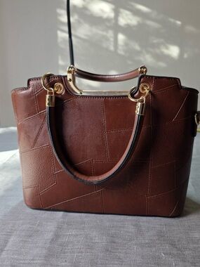 Patchwork Faux Leather Satchel Handbag Brown Faux Leather Top Handle Tote Bag